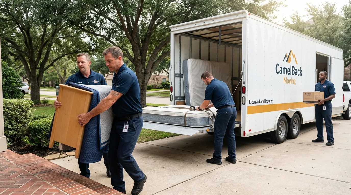 Crew loading residential truck for cross-state move from Kerens, TX