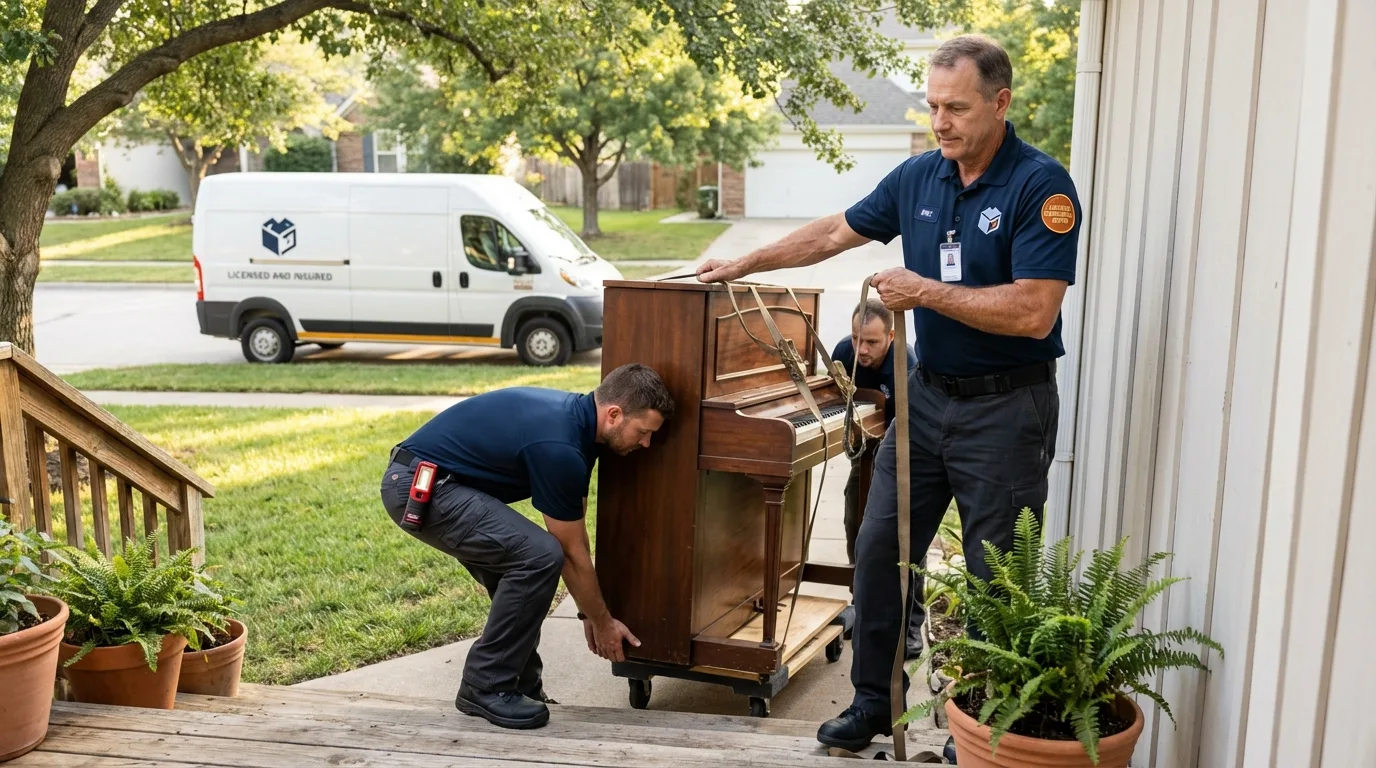 Licensed piano movers securing grand piano in Kerens, TX