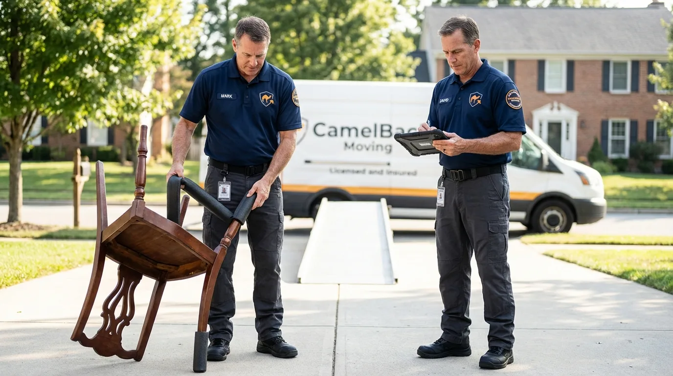 Movers inspecting furniture for damage prevention before loading in Kerens, TX